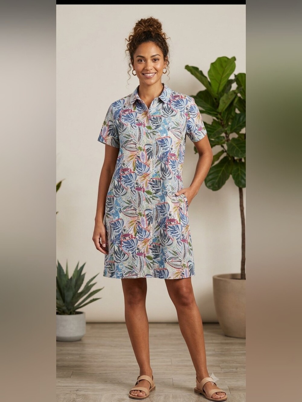 C&C California Multicolor Tropical Leaf Short-Sleeve Shirt Dress